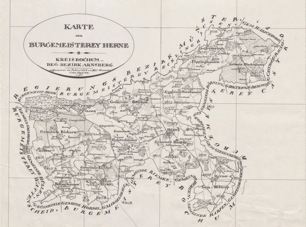 Karte der Bürgermeisterei Herne aus dem Jahre 1823, Foto Stadtarchiv Herne