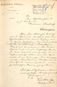 Schreiben des Presbyteriums Sodingen vom 30. April 1914, Foto Stadtarchiv Herne