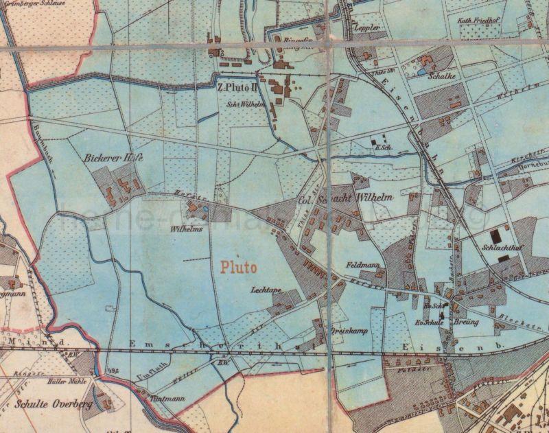 Dorf trifft Industrie, die Bickerer Höfe und Zeche Pluto, Ausschnitt aus der Kreiskarte Gelsenkirchen, 1902, Foto Stadtarchiv Herne