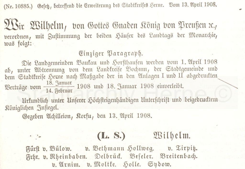 'Einverleibung' von Baukau und Horsthausen in den Stadtkreis Herne, Preußisches Gesetzblatt 15, Eingmeindungsparagraph, Foto Stadtarchiv Herne