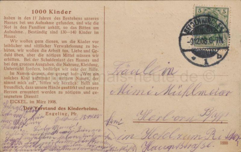 Rückseite Postkarte Ev. Kinderheim an der Kanonierstraße (Hirtenstraße), 1908, Foto Horst Schröder