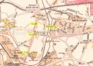 Schulen in Börnig, Stadtplan Herne 1928, links Josefschule, Falkschule und Peter und Paul-Schule (von oben nach unten), rechts Bonifatiusschule, Foto Stadtarchiv Herne