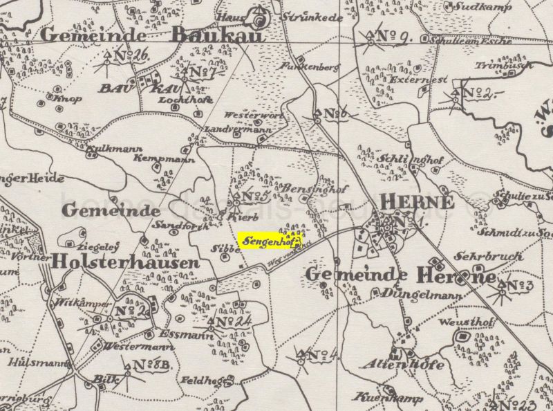 Der Hof Sengenhof in der Bildmitte, Ausschnitt Karte der Burgemeisterei Herne, 1823, Foto Stadtarchiv Herne