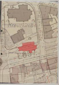 Lage (Detailansicht) der Dionysiuskirche und des Kraft-Messing-Platzes, eingepasst in den Herner Stadtplan von 2018, Uwe Awater, Fachbereich Vermessung und Kataster, August 2018, Repro Stadtarchiv Herne, Veröffentlichung mit freundlicher Genehmigung des Fachbereichs Vermessung und Kataster