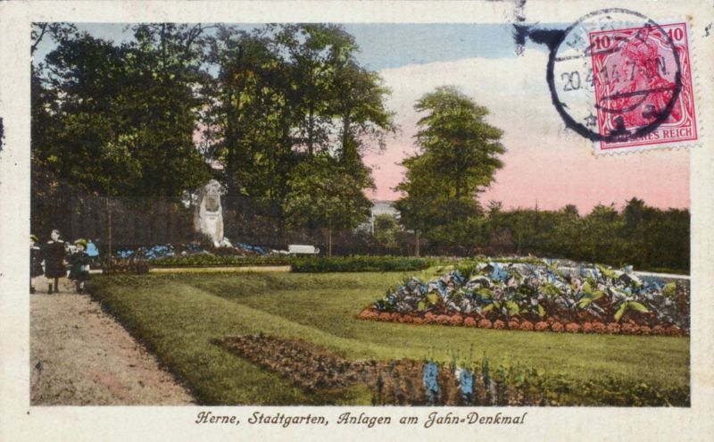Stadtgarten am Jahn-Denkmal, Postkarte, gelaufen 1914, Stadtarchiv Herne