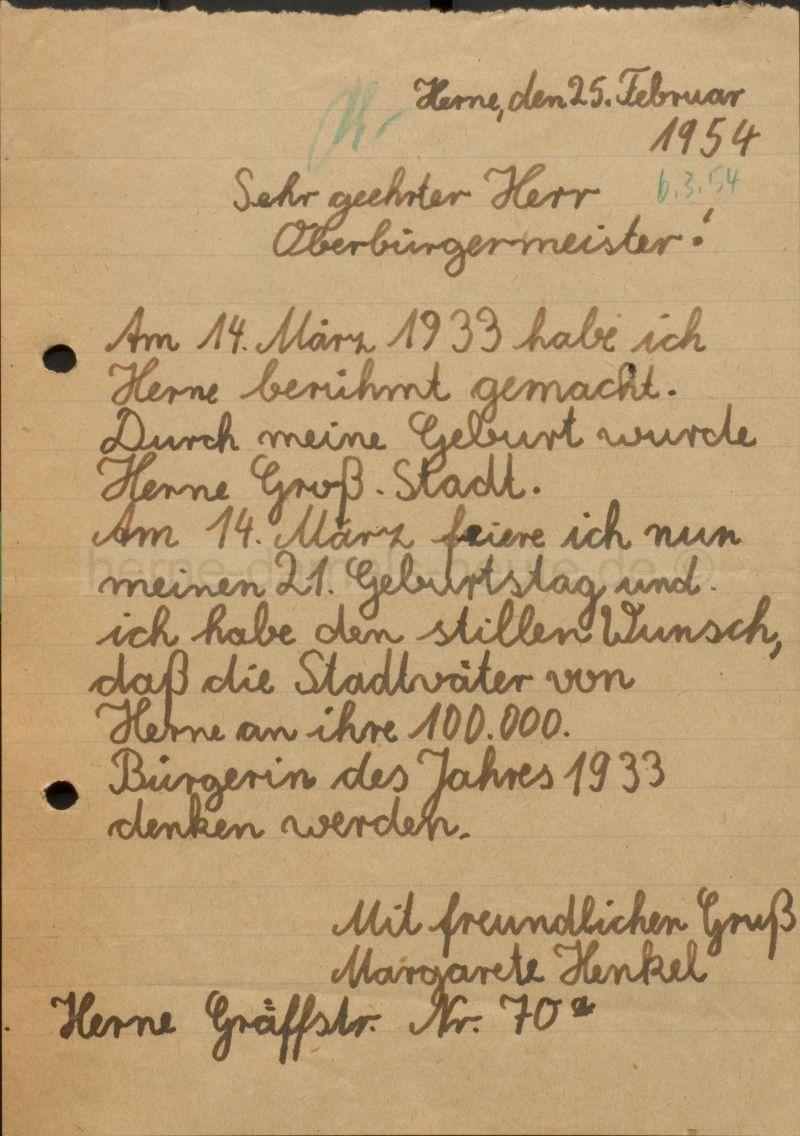 Brief von Margarete Henkel an Oberbürgermeister Brauner, Repro Stadtarchiv Herne