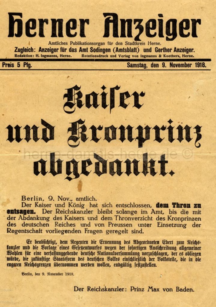 Extrablatt des Herner Anzeigers, 9. November 1918 - Herne von damals