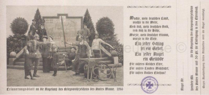 Erinnerungsblatt an die Nagelung des Kriegswahrzeichens des Amtes Wanne, 1916, Repro Stadtarchiv Herne