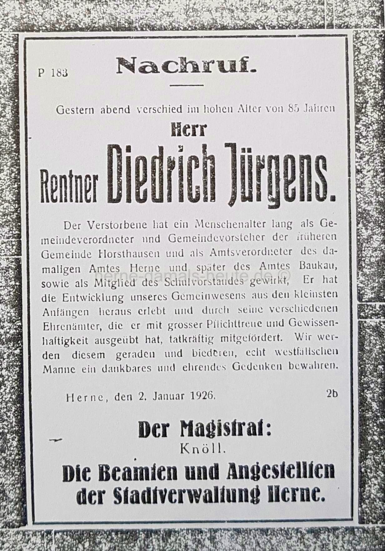 Todesanzeige der Stadt Herne, Herner Anzeiger vom 03.01.1926, Repro Stadtarchiv Herne