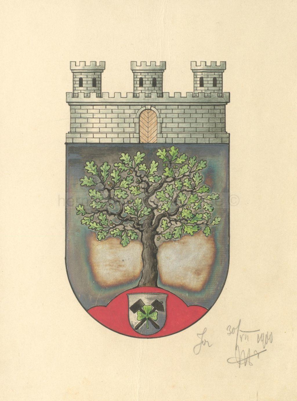 Wappen der Stadt Herne vom 30. Juli 1900 bis 30. November 1937. Neben Schlägel und Eisen ist auch das dreiblättrige Kleeblatt, das Nationalsymbol Irlands, eingearbeitet. Repro Stadtarchiv Herne