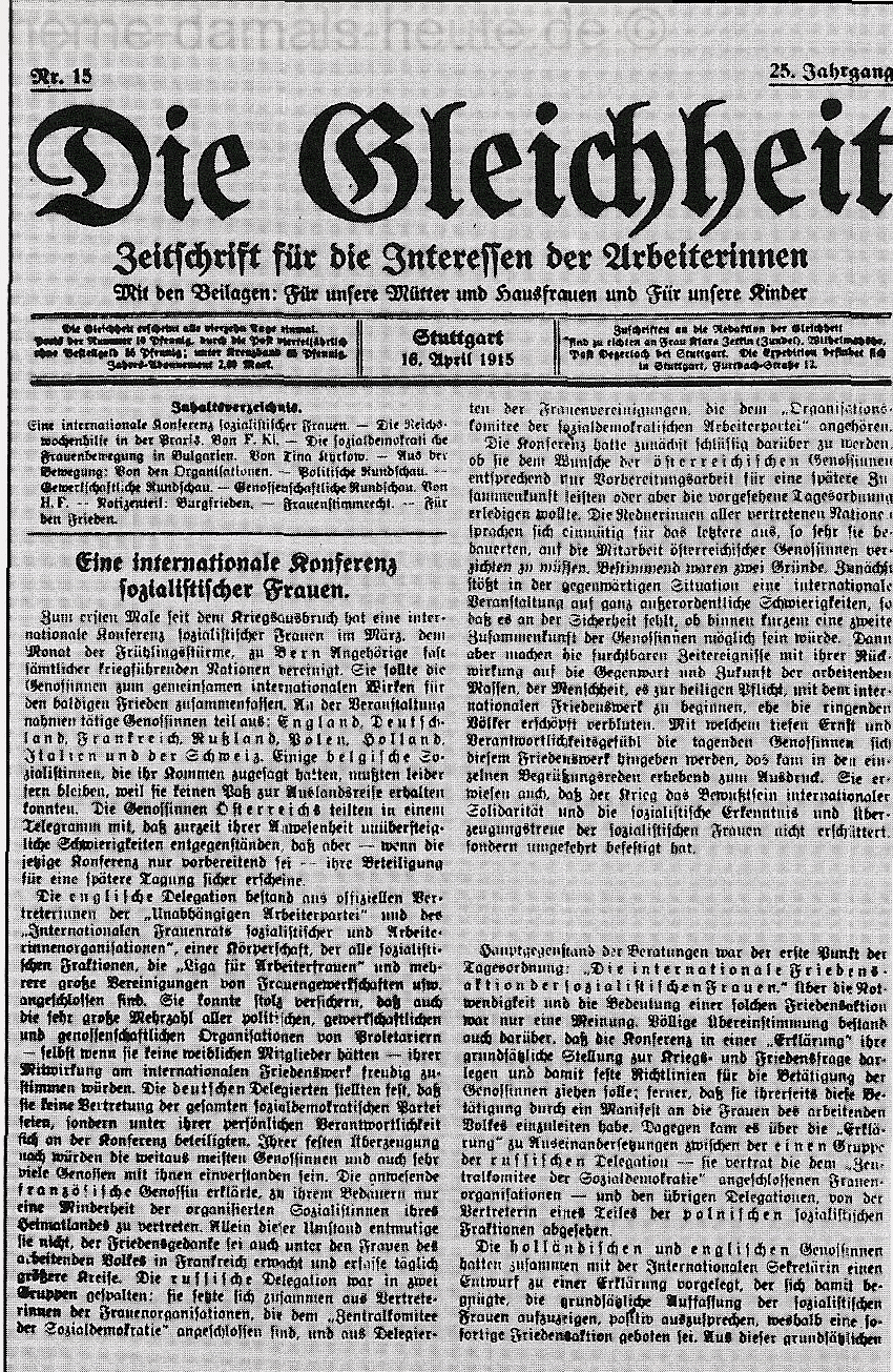 Artikel in der Zeitschrift 'Die Gleichheit' vom 16. April 1915, Repro Norbert Kozicki