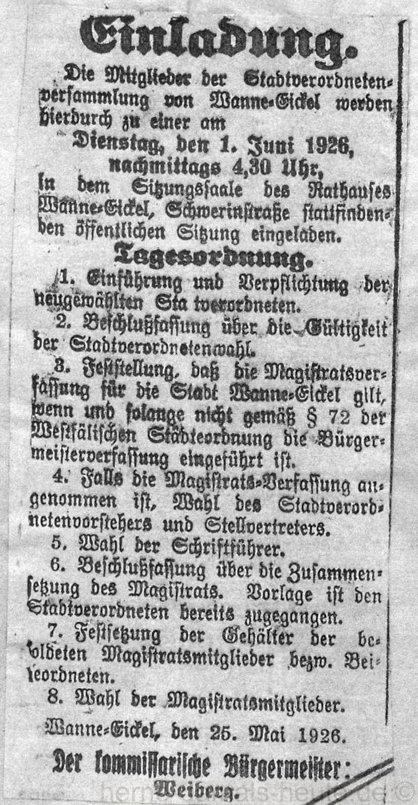 Wanne-Eickeler Zeitung vom 26.05.1926, Repro Stadtarchiv Herne