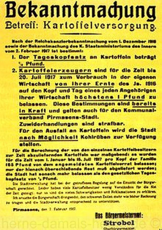 Bekanntmachung über Kartoffelrationierung, Pirmasens, Februar 1917, Repro Norbert Kozicki