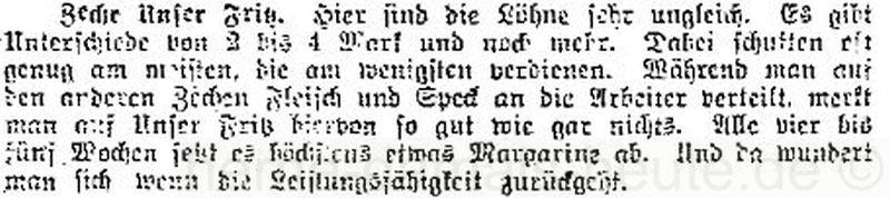 Bericht über Zeche Unser Fritz in der Bergarbeiterzeitung vom 10.03.1917, Repro Norbert Kozicki