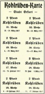 Bezugskarte für Steckrübern/Kohlrüben, Stadt Erfurt, Februar 1917, Repro Norbert Kozicki