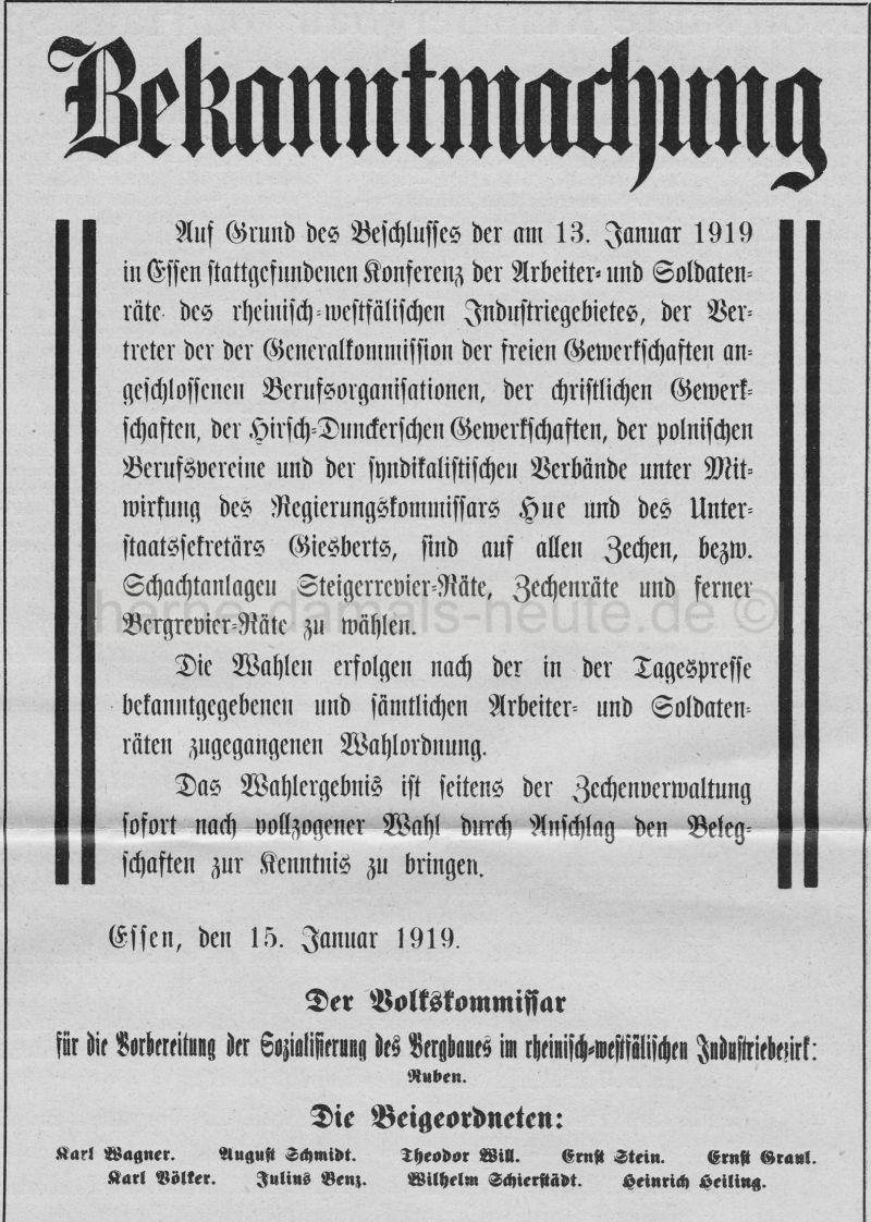 Bekanntmachung zur Rätewahl, Essen, 15.01.1919, Repro Norbert Kozic
