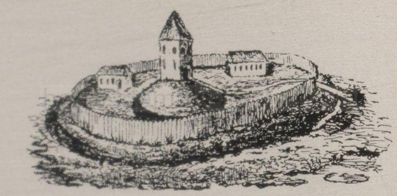 Französische Wiederherstellung eines Turmhügels aus dem 10. Jahrhundert (nach Caumont), Repro Stadtarchiv Herne
