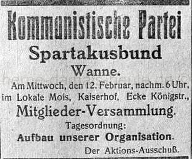 Einladung der Kommunistischen Partei zur Mitgliederversammlung am 12. Februar 1919, Repro Norbert Kozicki
