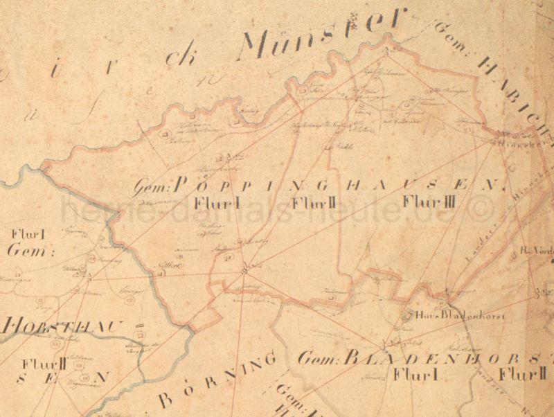 Gemeinde Pöppinghausen, Ausschnitt aus der Karte Burgemeistery Herne, 1823, Foto Stadtarchiv Herne