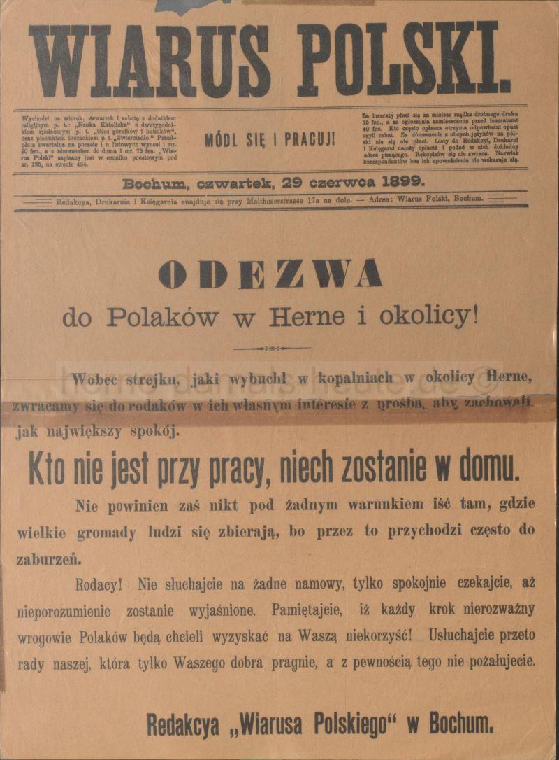 Anlässlich der Herner Bergarbeiterunruhen rief die Bochumer Zeitung 'Wiarus Polski' ihre Landsleute mit diesem Flugblatt dazu auf, zu Ruhe und Ordnung zurückzukehren, Bochum, 29.06.1899. Repro Stadtarchiv Herne