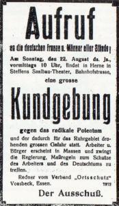 Aufruf reichstreuer Ostmarkendeutscher und Oberschlesier zu einer Kundgebung 'gegen das radikale Polentum', Herner Anzeiger vom 21.08.1920, Repro Stadtarchiv Herne