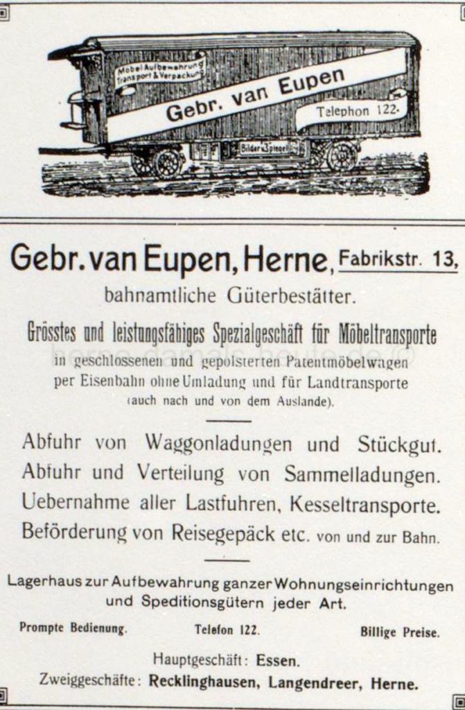 Diese Anzeige des Möbeltransportunternehmens der Gebr. van Eupen erschien im Adressbuch der Stadt Herne von 1912, Repro Stadtarchiv Herne